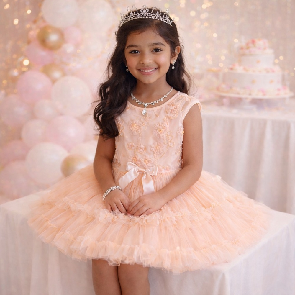 Popatu Tiered Ruffle Floral Mesh Tule Peachy Petal Pink Party Dress 6X/7 - NWOT